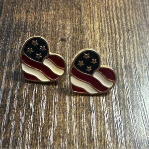 Vintage AVON American Flag Heart Stud Earrings Red White Blue Gold Tone